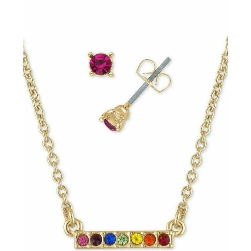 Rachel Roy Jewelry Set Rainbow Crystal Earrings Bar Necklace